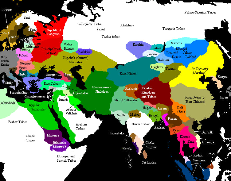 Carte de l’Eurasie vers 1200 ans (13ème siècle)