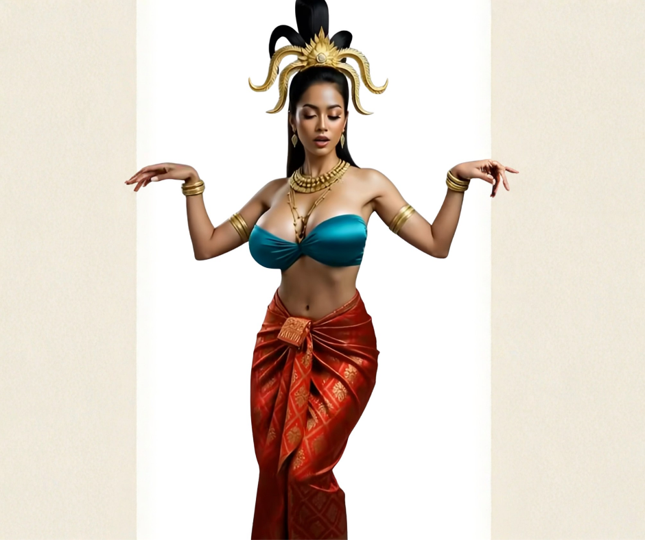Femme posant dans un costume inspiré des apsaras khmères, vêtue d’un haut turquoise très révélateur et d’un sampot rouge moderne, posture sensuelle, coiffure et bijoux traditionnels stylisés, illustrant l’hypersexualisation des représentations asiatiques.