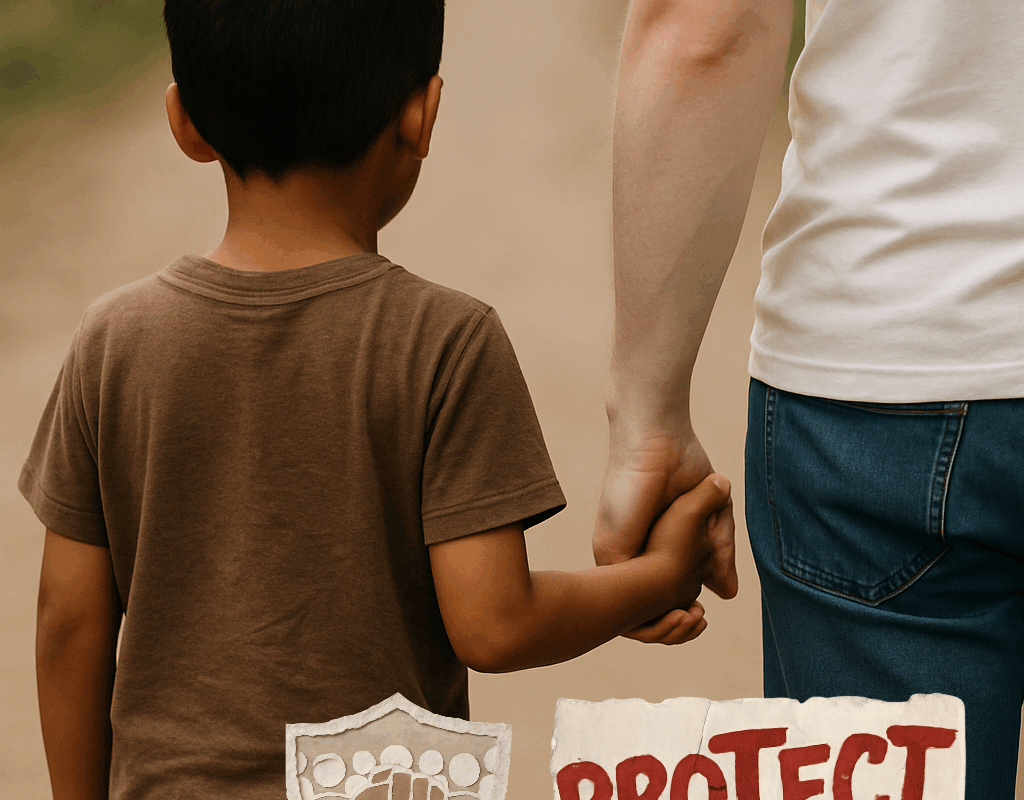 Enfant khmer vu de dos tenant la main d’un adulte blanc, avec un message “Protect Our Children”, illustrant l’appel à protéger les enfants contre le tourisme prédateur et l’exploitation.