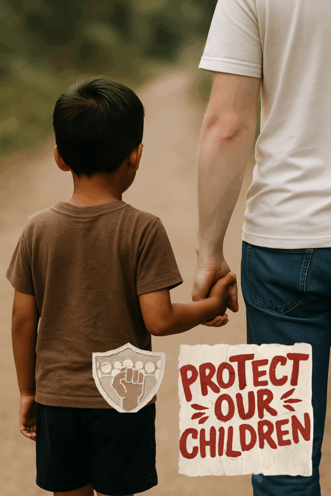Enfant khmer vu de dos tenant la main d’un adulte blanc, avec un message “Protect Our Children”, illustrant l’appel à protéger les enfants contre le tourisme prédateur et l’exploitation.