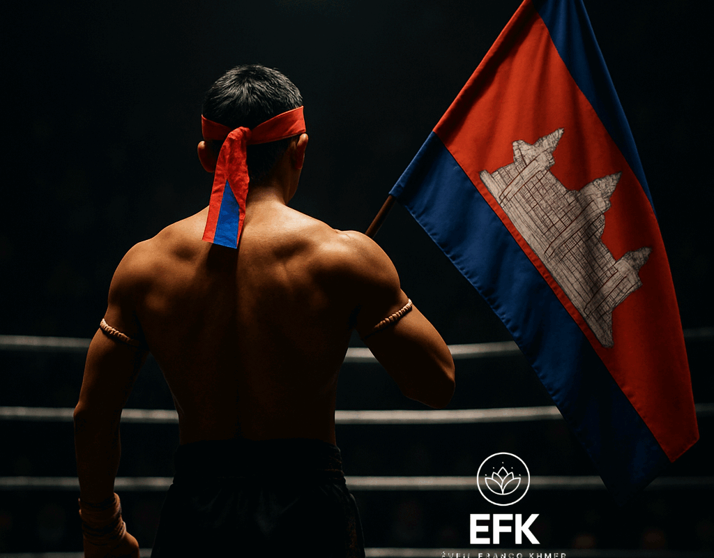 Athlète khmer de dos tenant le drapeau cambodgien sur un ring, éclairé par une lumière dramatique.