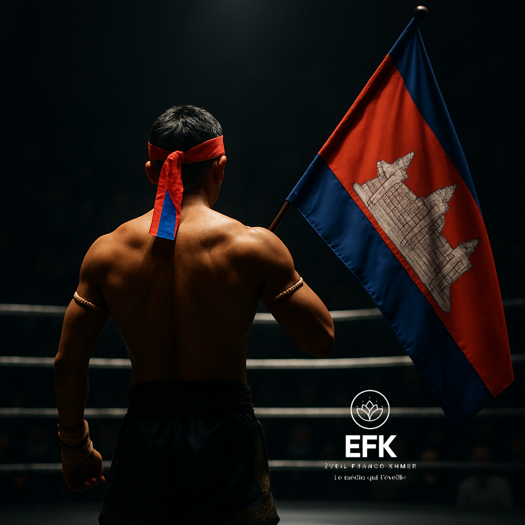 Athlète khmer de dos tenant le drapeau cambodgien sur un ring, éclairé par une lumière dramatique.