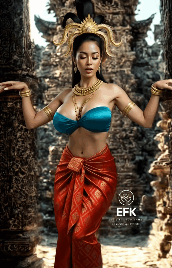 Danseuse khmère vêtue d’un costume traditionnel, posant devant des ruines de temple.