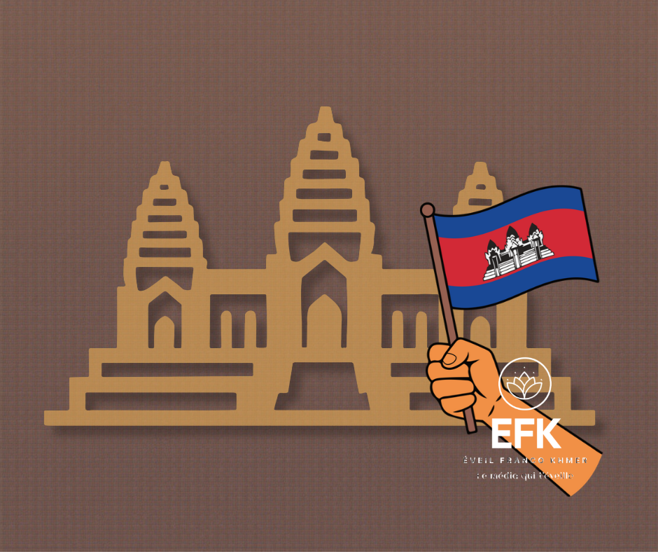 Illustration d’Angkor Wat en silhouette dorée avec une main levant le drapeau du Cambodge.