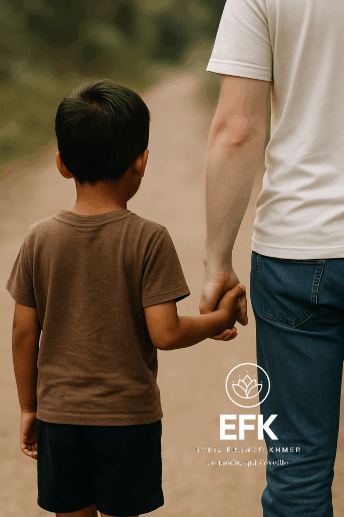 Un enfant tenant la main d’un adulte pendant qu’ils marchent sur un chemin.