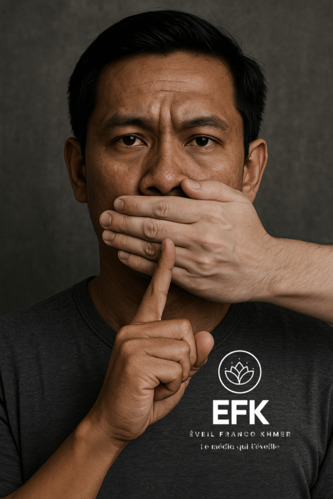 Portrait d’un homme avec une main couvrant sa bouche et un doigt posé en signe de silence.