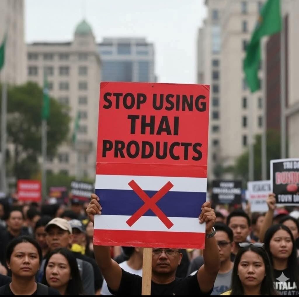 Manifestant tenant une pancarte appelant à arrêter d’utiliser les produits thaïlandais, avec une foule marchant derrière lui lors d’un boycott pacifique.