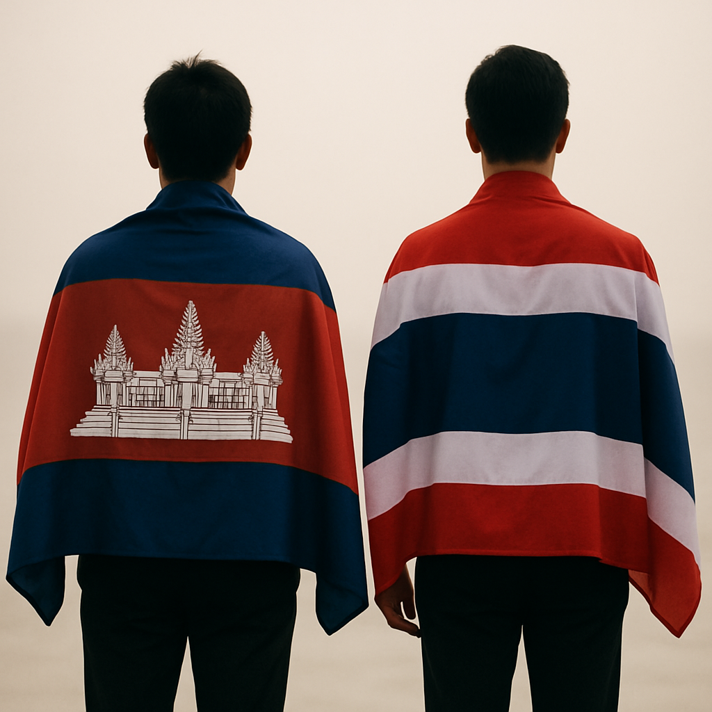 Silhouette de deux personnes vues de dos, l’une portant le drapeau cambodgien et l’autre le drapeau thaïlandais, symbolisant deux identités distinctes.