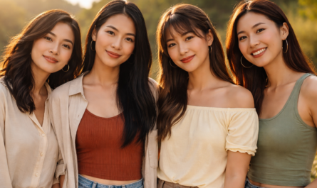 Quatre jeunes femmes asiatiques debout côte à côte, souriantes, éclairées par une lumière dorée, posant devant un décor naturel verdoyant.