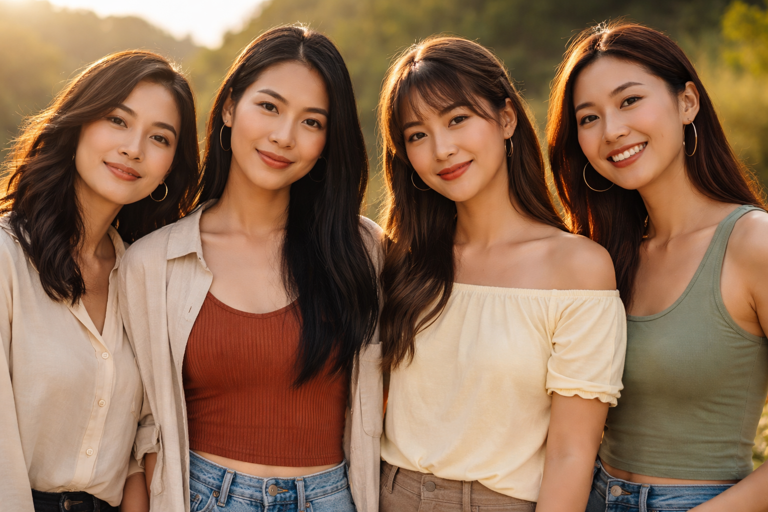 Quatre jeunes femmes asiatiques debout côte à côte, souriantes, éclairées par une lumière dorée, posant devant un décor naturel verdoyant.