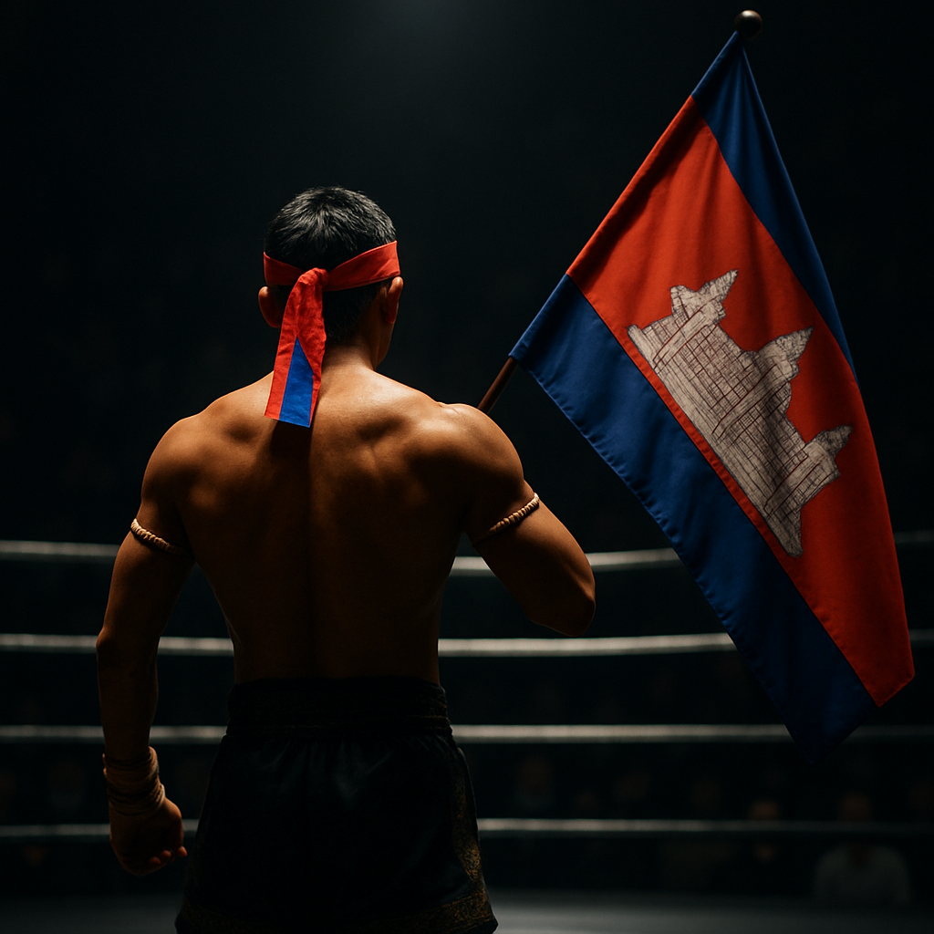 Combattant de Kun Khmer vu de dos avec un drapeau cambodgien, face à un ring vide éclairé, entouré de silhouettes sombres.