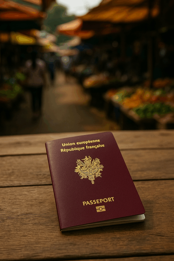 Passeport français posé sur une table en bois avec en arrière-plan flou un marché cambodgien.