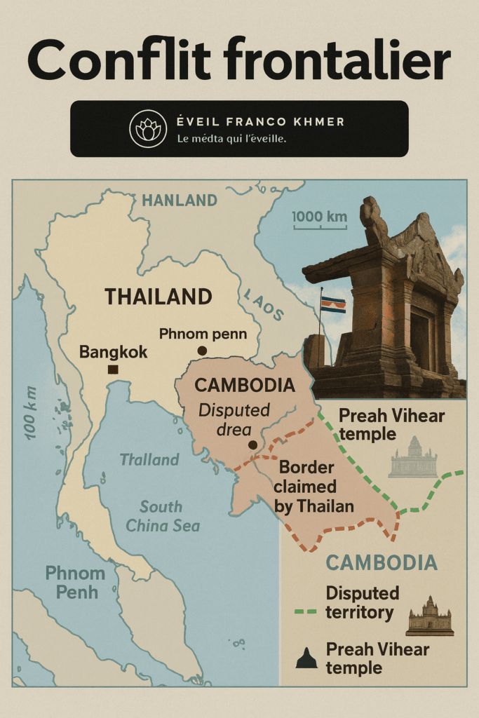 Infographie montrant une carte du Cambodge et de la Thaïlande, les zones frontalières disputées autour du temple de Preah Vihear et des indications visuelles sur les revendications territoriales des deux pays.