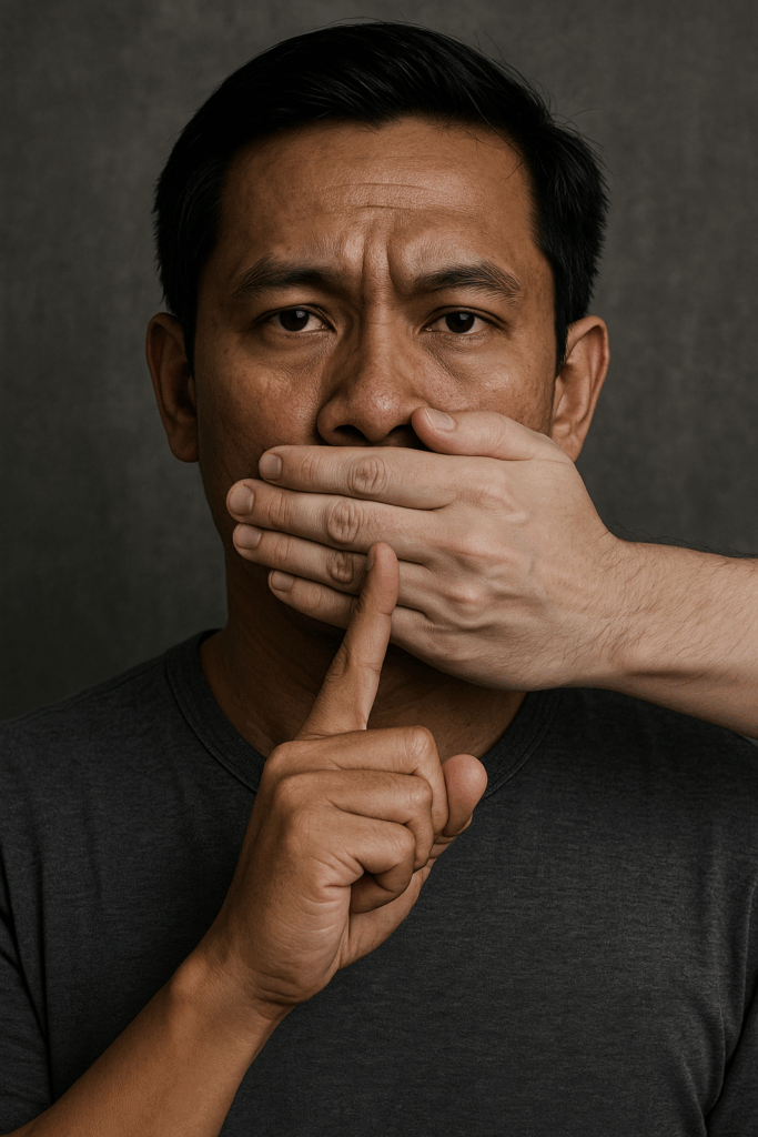 Portrait d’un homme khmer, la bouche cachée par une main blanche, avec son doigt posé devant ses lèvres en signe de silence, illustrant le refus d’écoute envers les voix cambodgiennes.