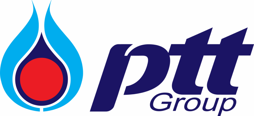 Logo du PTT Group avec une flamme stylisée bleue et un cercle rouge, accompagné du texte « PTT Group ».