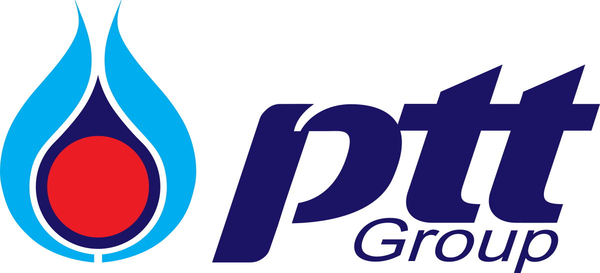 Logo du PTT Group avec une flamme stylisée bleue et un cercle rouge, accompagné du texte « PTT Group ».