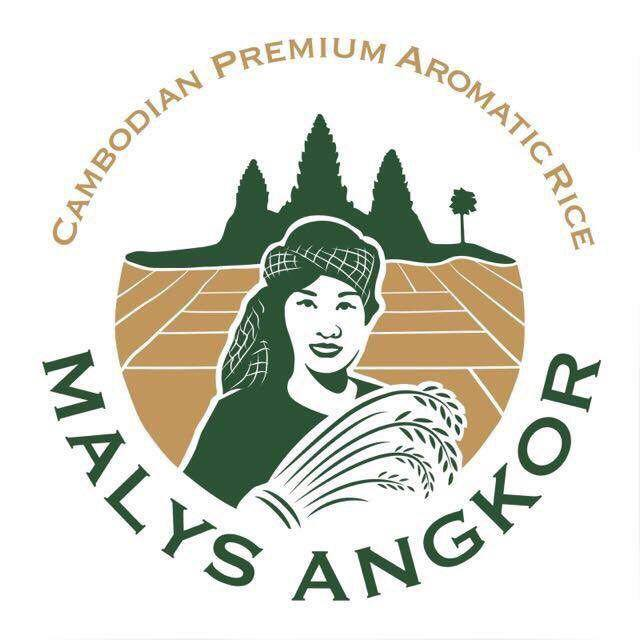 Logo du riz Malys Angkor montrant une paysanne khmère tenant une gerbe de riz devant les temples d’Angkor.