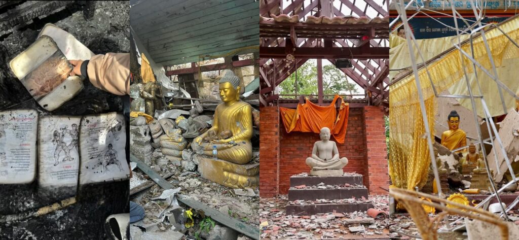 Manuscrits sacrés brûlés, statues de Bouddha endommagées et pagodes détruites, montrant la destruction de sites religieux cambodgiens.