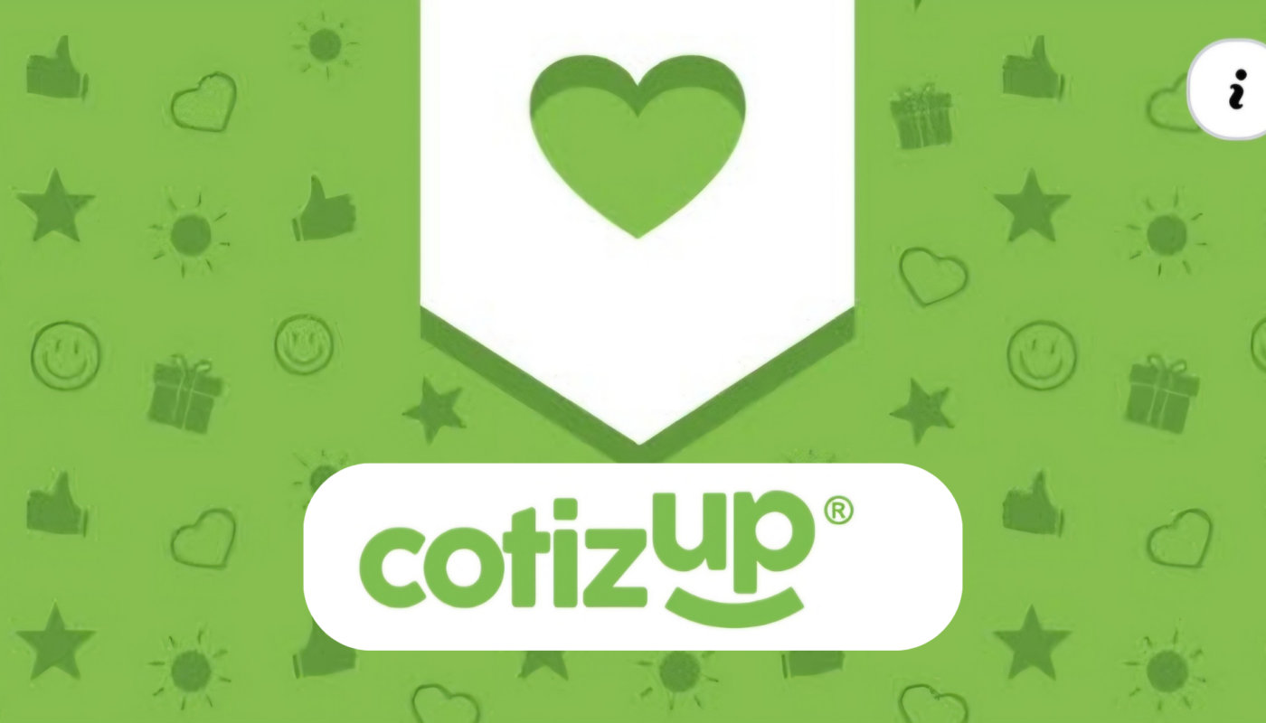 Image verte avec le logo Cotizup au centre et un cœur blanc au-dessus. Des petits symboles décoratifs (étoiles, soleils, cadeaux, smileys, pouces) sont dispersés en arrière-plan.