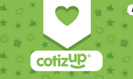 Image verte avec le logo Cotizup au centre et un cœur blanc au-dessus. Des petits symboles décoratifs (étoiles, soleils, cadeaux, smileys, pouces) sont dispersés en arrière-plan.