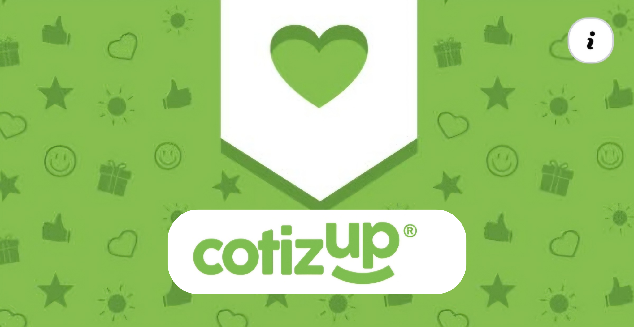 Image verte avec le logo Cotizup au centre et un cœur blanc au-dessus. Des petits symboles décoratifs (étoiles, soleils, cadeaux, smileys, pouces) sont dispersés en arrière-plan.
