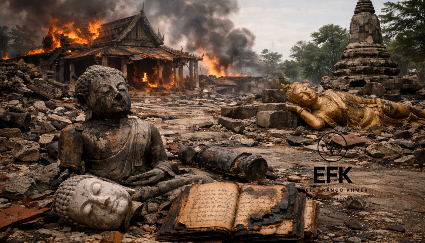 Statues de Bouddha détruites reposant au sol, un manuscrit sacré carbonisé ouvert au premier plan, une pagode effritée à droite et un temple cambodgien en flammes en arrière-plan, représentant la destruction du patrimoine spirituel du Cambodge.