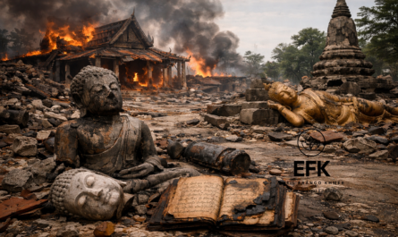 Statues de Bouddha détruites reposant au sol, un manuscrit sacré carbonisé ouvert au premier plan, une pagode effritée à droite et un temple cambodgien en flammes en arrière-plan, représentant la destruction du patrimoine spirituel du Cambodge.