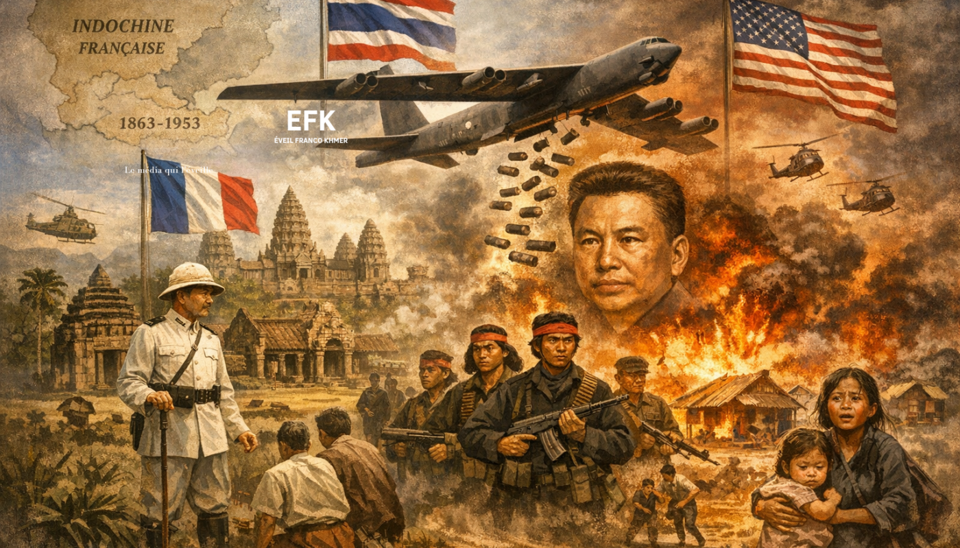 Illustration en format paysage montrant un soldat français devant un temple cambodgien, un bombardier américain B-52 larguant des bombes, des civils fuyant un village en flammes et des combattants khmers rouges, symbolisant l’influence de la France et des États-Unis sur l’histoire du Cambodge.