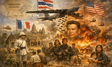 Illustration en format paysage montrant un soldat français devant un temple cambodgien, un bombardier américain B-52 larguant des bombes, des civils fuyant un village en flammes et des combattants khmers rouges, symbolisant l’influence de la France et des États-Unis sur l’histoire du Cambodge.