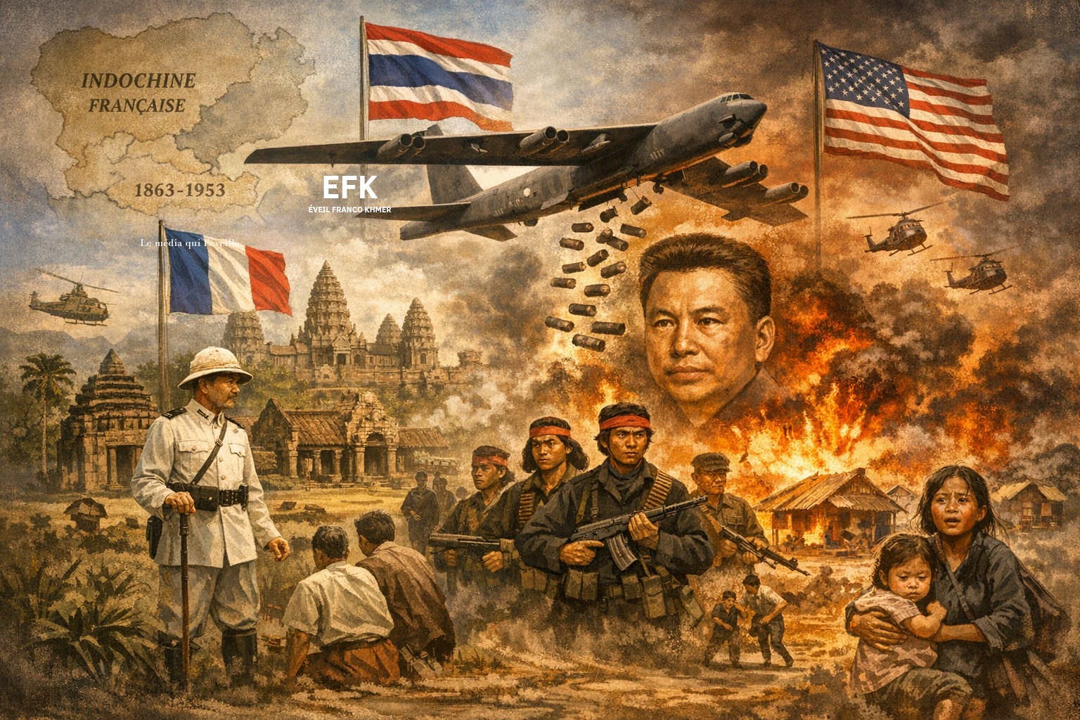 Illustration en format paysage montrant un soldat français devant un temple cambodgien, un bombardier américain B-52 larguant des bombes, des civils fuyant un village en flammes et des combattants khmers rouges, symbolisant l’influence de la France et des États-Unis sur l’histoire du Cambodge.