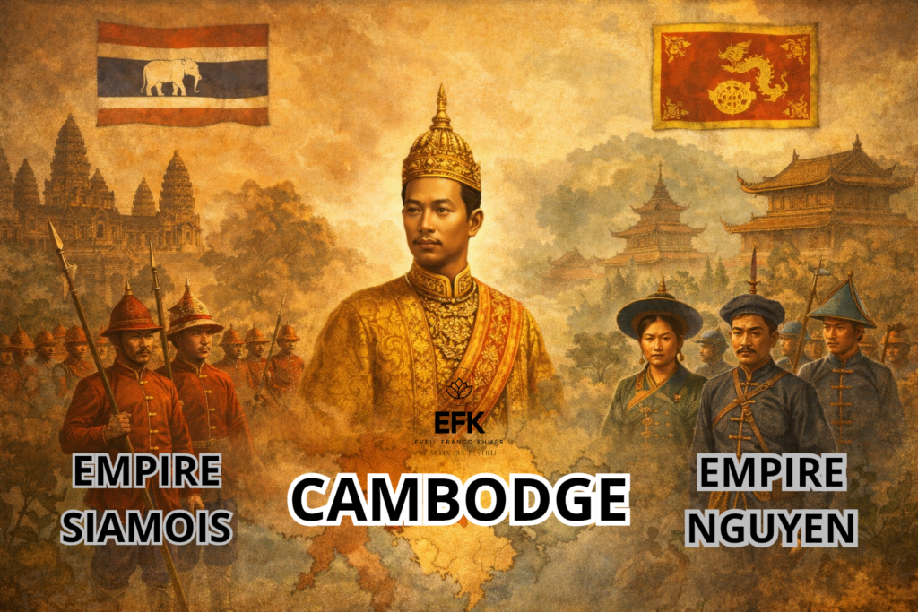 Illustration historique montrant un roi cambodgien entouré de soldats siamois à gauche et de soldats vietnamiens des Nguyễn à droite, avec leurs drapeaux respectifs ; scène symbolisant les tensions régionales autour du Cambodge au XIXᵉ siècle.