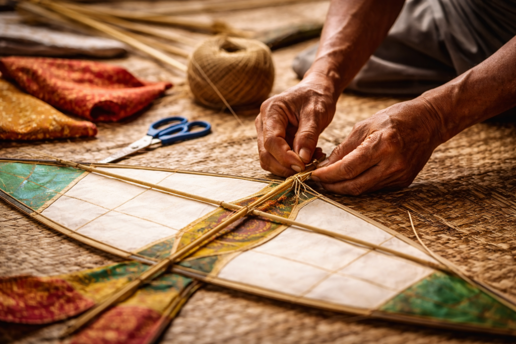 Mains et avant-bras d’un artisan assemblant un cerf-volant traditionnel khmer en bambou, liant la structure avec des fils naturels sur une natte tressée.