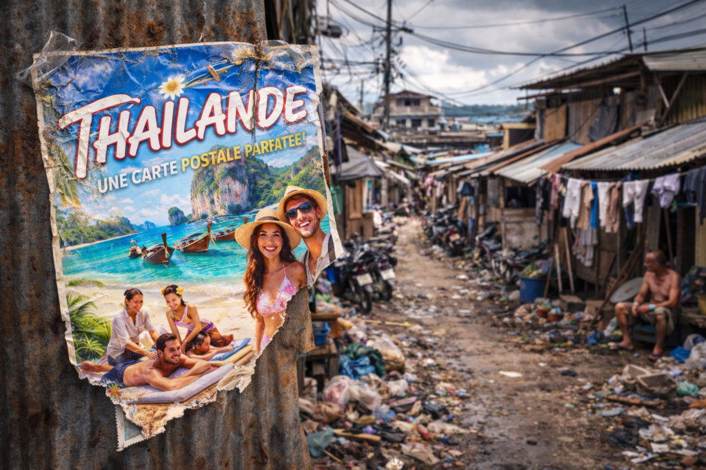 Affiche touristique de la Thaïlande montrant une plage parfaite, collée sur une tôle dans un bidonville thaïlandais. En arrière-plan, un quartier très pauvre avec des habitations précaires, des déchets au sol, du linge suspendu et des habitants assis devant leurs maisons. L’image contraste fortement la carte postale et la réalité.