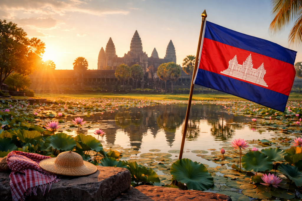 Drapeau cambodgien planté au bord d’un bassin rempli de lotus au lever du soleil, avec Angkor Wat en arrière-plan. Un krama rouge et un chapeau traditionnel en rotin reposent sur une pierre, créant une ambiance sereine et culturelle.