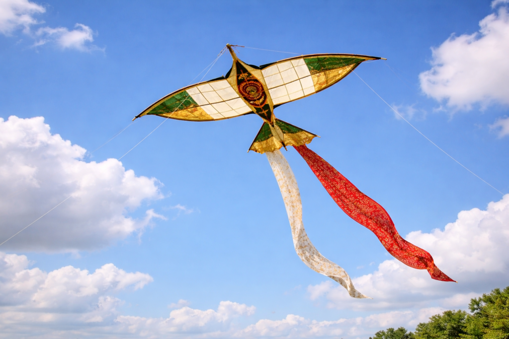 Cerf-volant traditionnel khmer Khleng Ek suspendu dans le ciel bleu du Cambodge, maintenu par des fils visibles, aux ailes déployées et aux longues bandes de tissu flottant au vent.