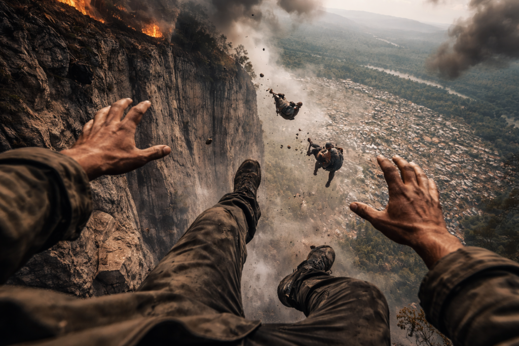 Vue subjective d’une chute depuis une falaise, mains et pieds visibles dans le vide, sol et paysage s’éloignant brutalement.