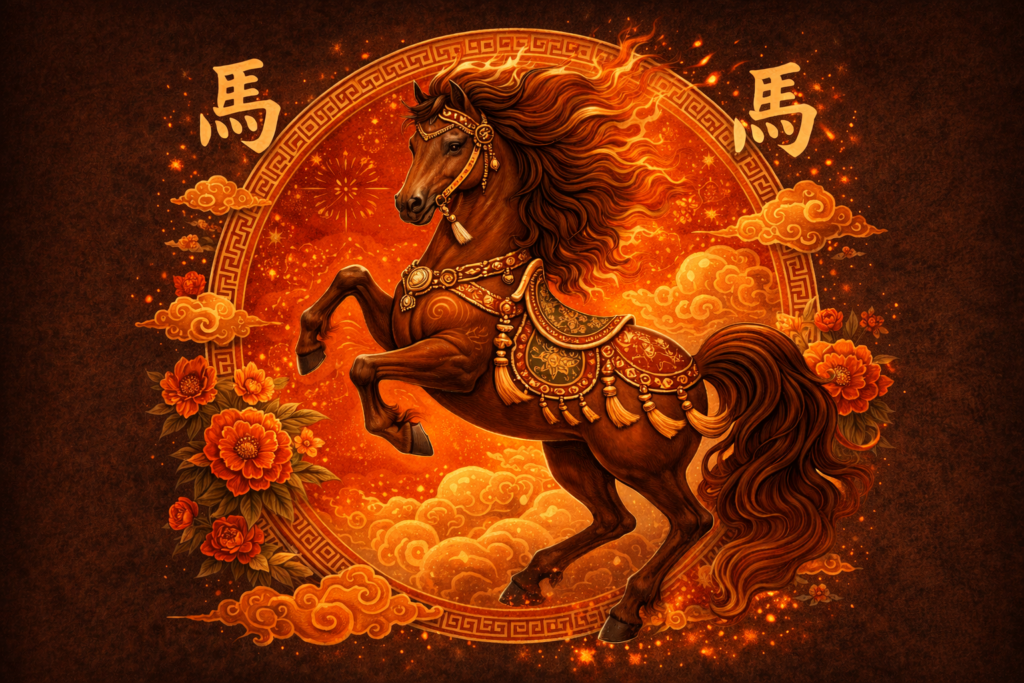 Illustration du signe astrologique chinois du Cheval, représenté par un cheval marron aux ornements dorés, symbole d’énergie, de mouvement et de liberté pour le Nouvel An chinois.