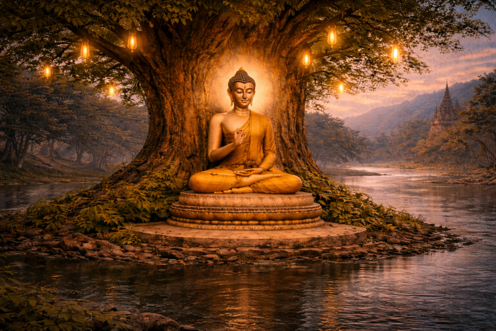 Bouddha assis en méditation sous l’arbre de la Bodhi, centré dans l’image, au bord d’une rivière paisible avec temple khmer en arrière-plan au crépuscule