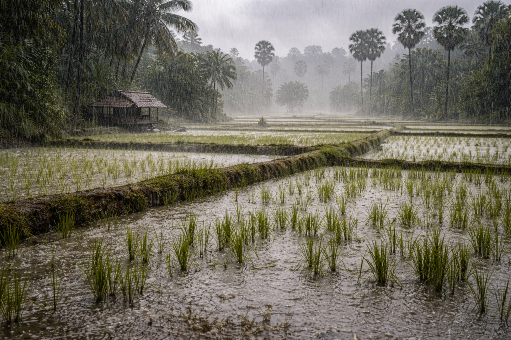 Pluies agricoles intenses sur des rizières inondées au Cambodge, avec jeunes plants de riz, diguettes et palmiers à sucre sous une forte mousson