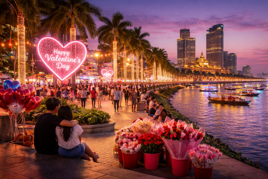 Saint-Valentin à Phnom Penh en soirée, promenade au bord du Tonlé Sap décorée de cœurs lumineux, couples, fleurs et bateaux sur la rivière avec skyline en arrière-plan