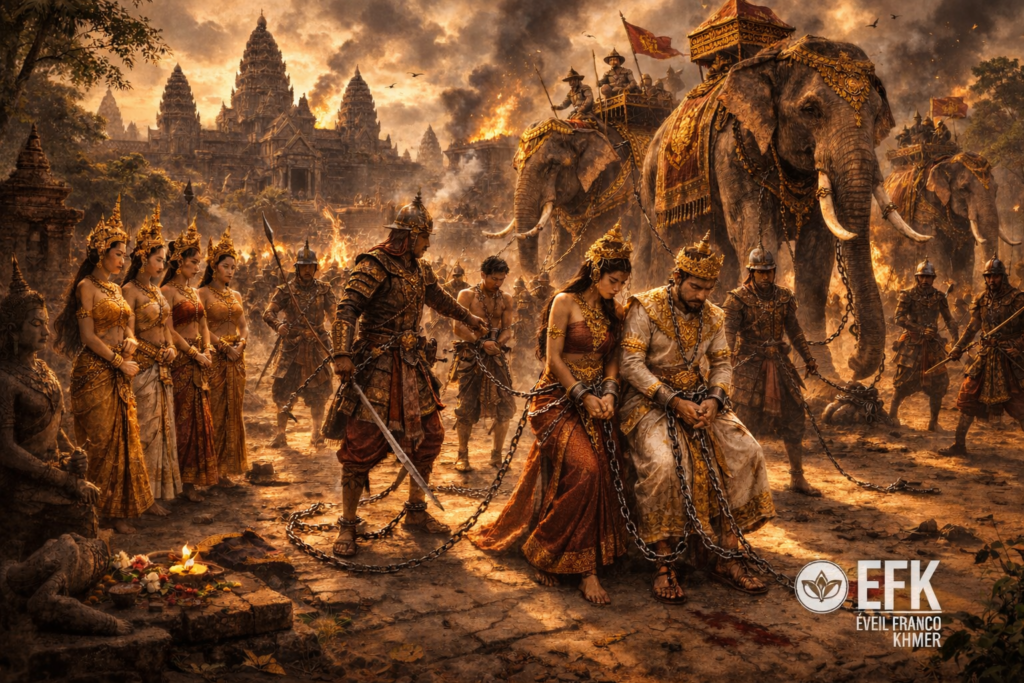 Capture de la famille royale khmère enchaînée par les Siamois à Angkor, entourée d’éléphants royaux captifs et de danseuses apsaras sous les temples d’Angkor en flammes.