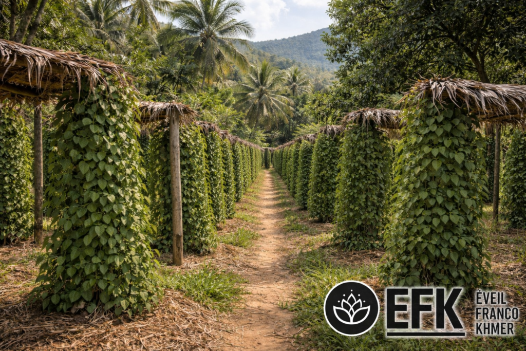 Plantation traditionnelle de poivre de Kampot au Cambodge avec rangées de lianes cultivées sur tuteurs en bois dans un paysage tropical.