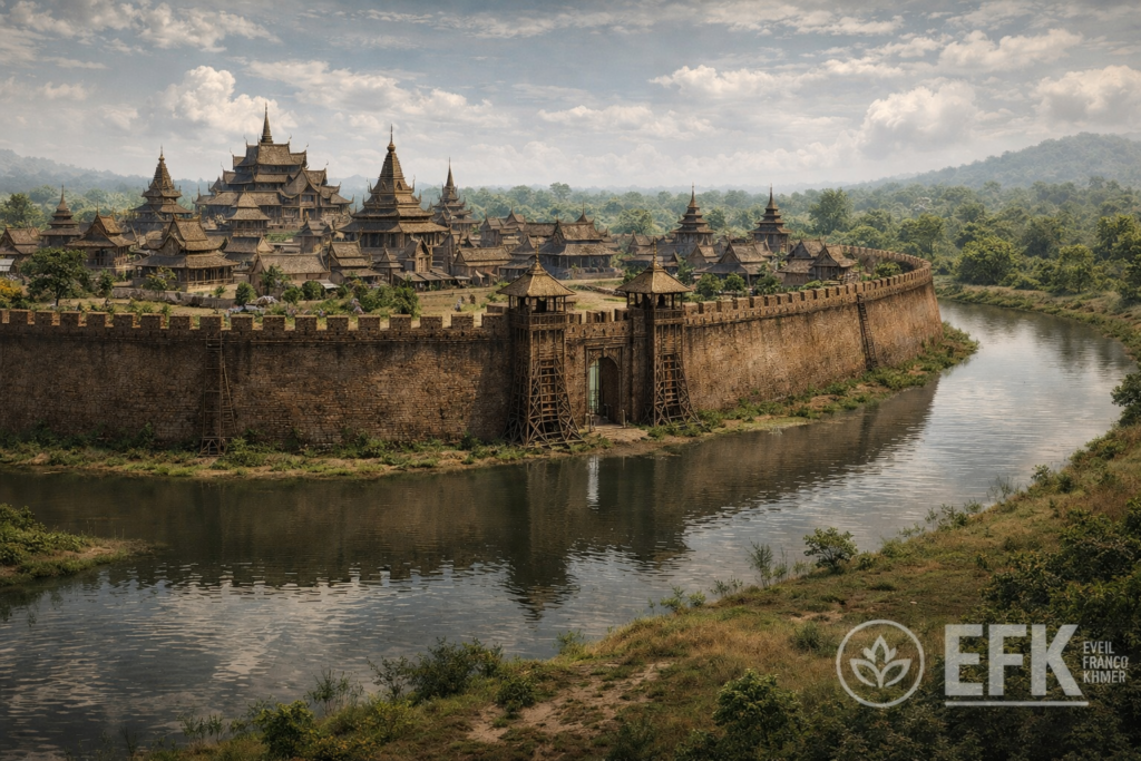 Reconstitution de la cité fortifiée de Longvek entourée de remparts et d’un fleuve au XVIᵉ siècle