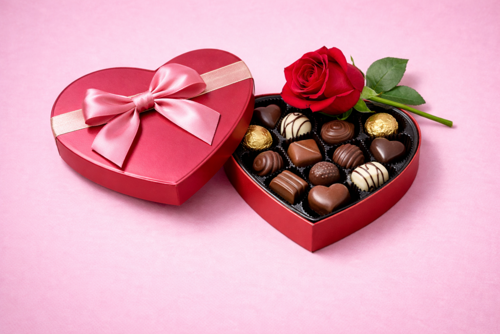 Boîte de chocolats en forme de cœur ouverte sur fond rose, avec couvercle décoré d’un ruban et une rose rouge posée à côté