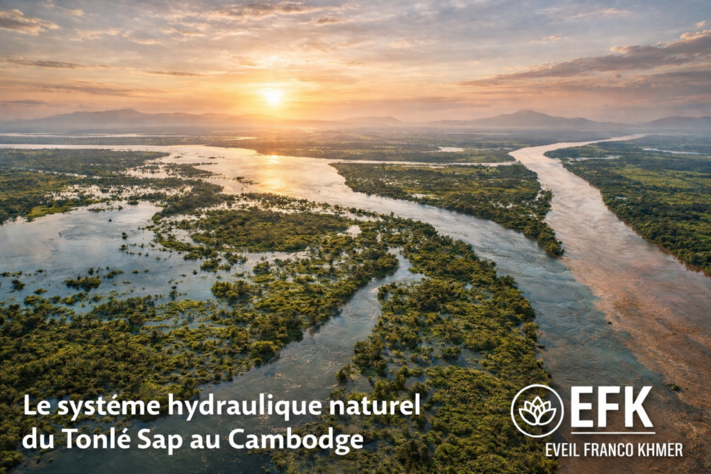 Vue aérienne du système hydraulique naturel du Tonlé Sap montrant les eaux reliées au Mékong et les zones inondables au lever du soleil