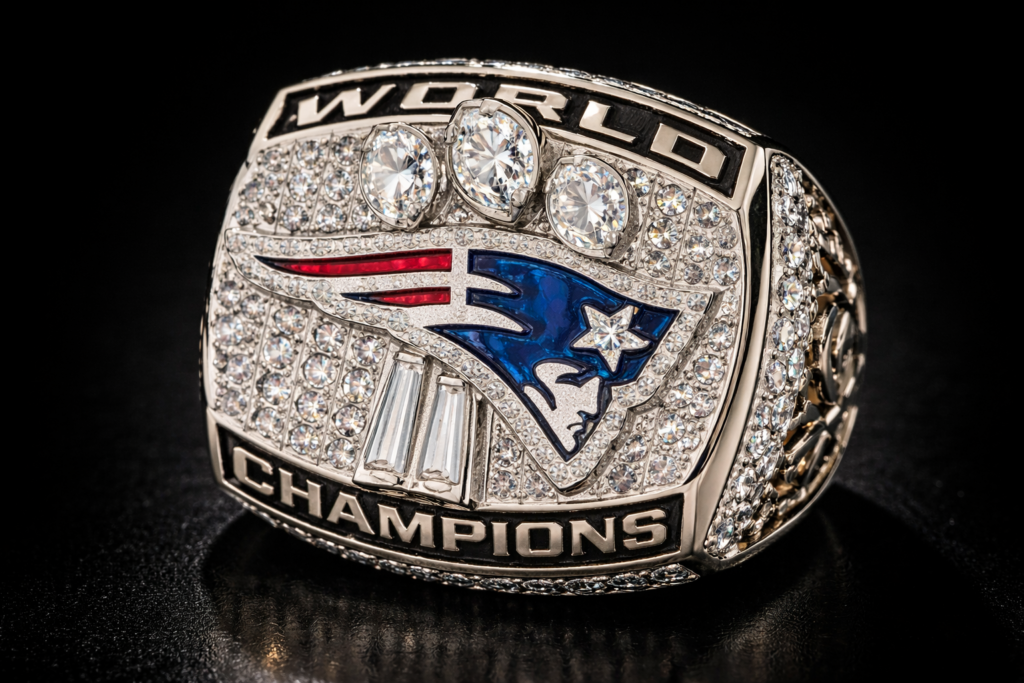 Gros plan en format paysage d’une bague du Super Bowl sertie de diamants et pierres précieuses sur fond noir