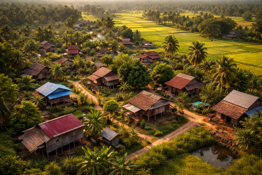 Vue aérienne en format paysage de maisons rurales en campagne entourées de rizières et de palmiers