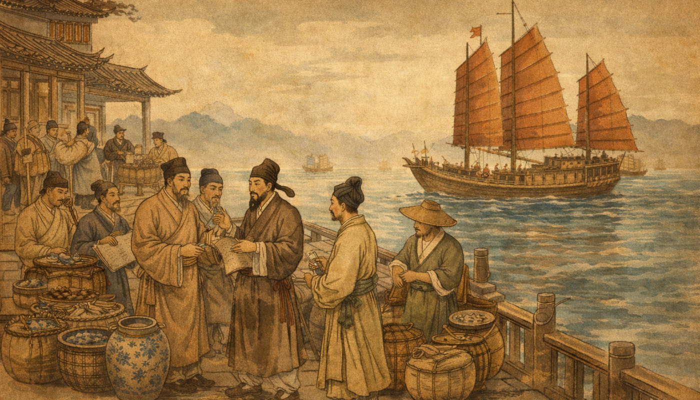 Marchands chinois du XVe siècle échangeant des marchandises dans un port maritime, avec jonques à voiles rouges, dans un style de peinture traditionnelle chinoise.