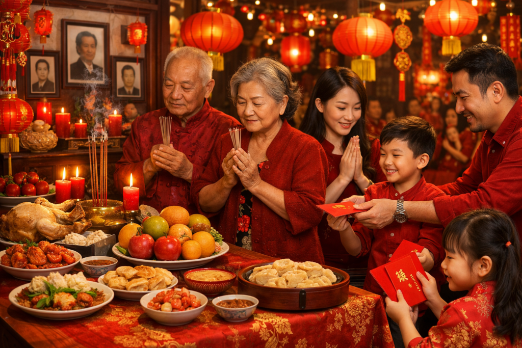 Célébration du Nouvel An chinois au Cambodge avec décorations rouges, offrandes aux ancêtres, prières, repas familiaux et échange d’enveloppes rouges ang pao