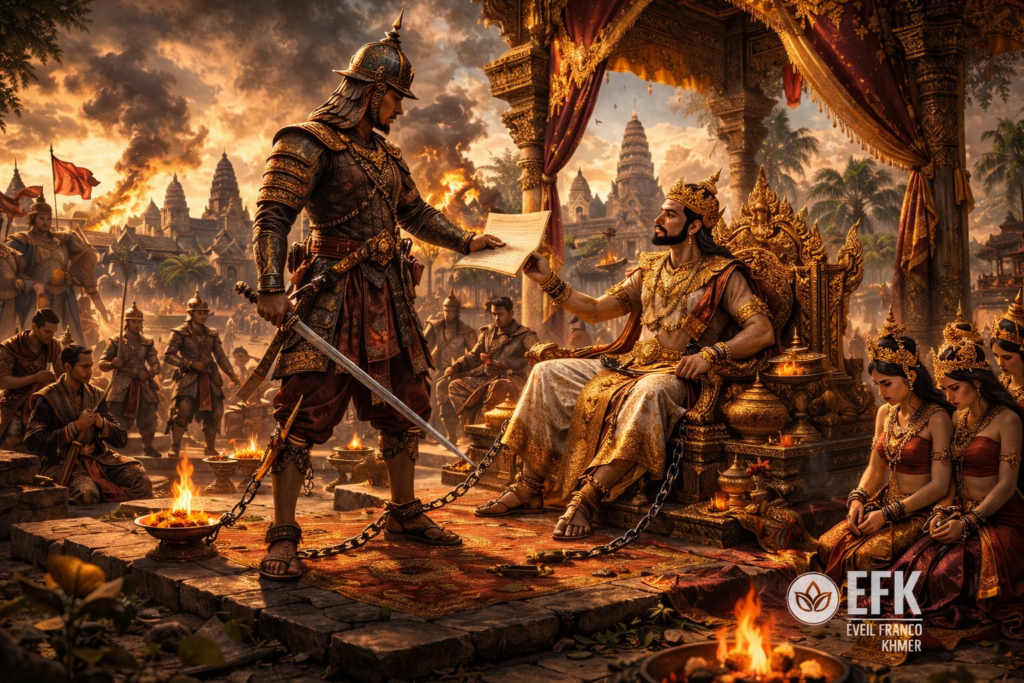 Roi khmer assis sur son trône lisant un parchemin présenté par un soldat siamois debout en position dominante dans un palais inspiré d’Angkor.